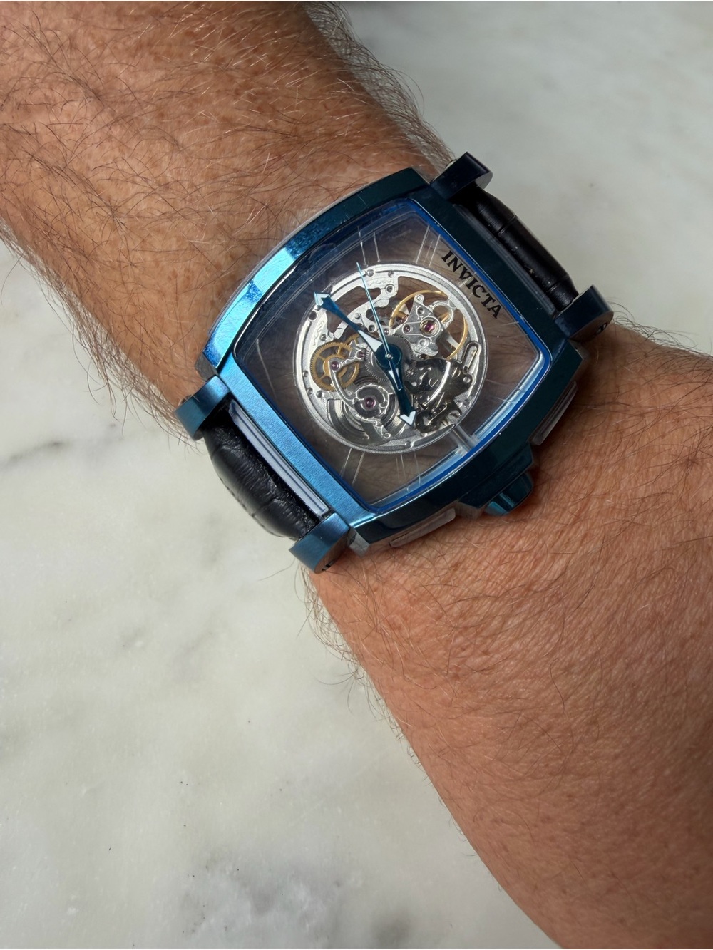 Invicta Men's Blue-Tone Skeleton Dial Automatic Watch with Black Leather Strap - Picture 1 of 10